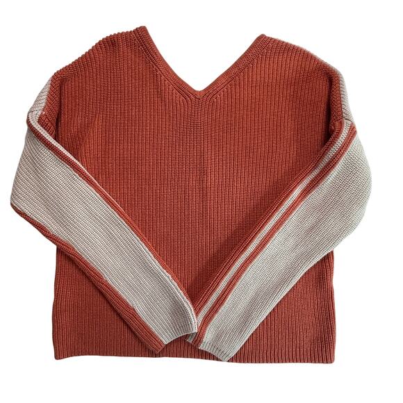 Lisa Todd Cotton Colorblock Sweater V-Neck Taupe Rust Knit Pullover Size M - Picture 2 of 11